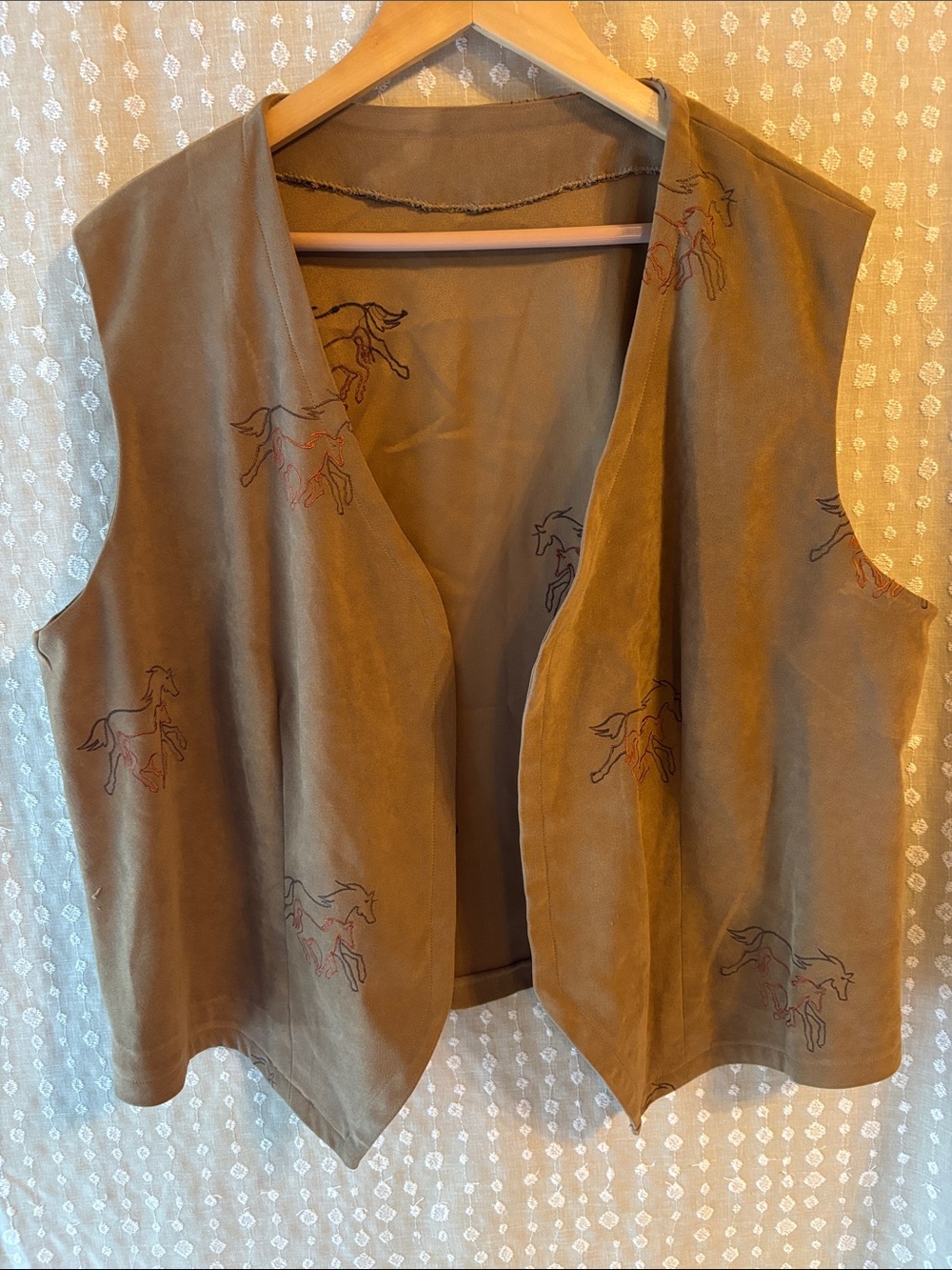 Brown Faux Suede Women's Vest with Horse Embroidery